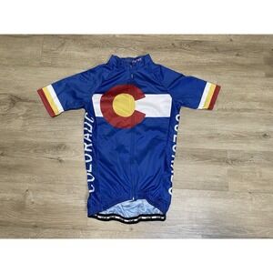 OCG Cycling Jersey Womens Sz S Full Zip Shirt Colorado Print Blue Short Sleeve